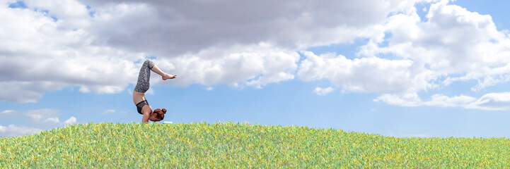 Wall Mural - Harmony with Nature: Woman Practicing Yoga in Lush Green Field Under Blue Sky