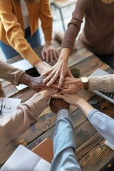 Poster - A group of people putting their hands together. Ideal for business or teamwork concepts