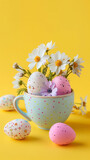 Fototapeta Zwierzęta - easter eggs and flowers and a cup on a yellow background convey the anticipation of easter with copy space, created with generative AI technology