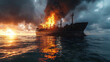 An emergency situation with a ship engulfed in flames on the ocean against a sunset backdrop.