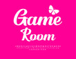 © Popskraft - Vector playful poster Game Room. Beautiful Cursive Font. Stylish White Alphabet Letters and Numbers set.