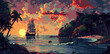 Nostalgic 8-bit pixel art of a pirate ship anchored at a tropical bay during a vibrant sunset