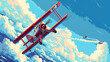 Pixel art of classic red biplanes engaging in an aerial dogfight against a backdrop of blue skies and fluffy clouds.