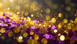 Abstract defocused bokeh lights, gold and violet dust, particles on black background
