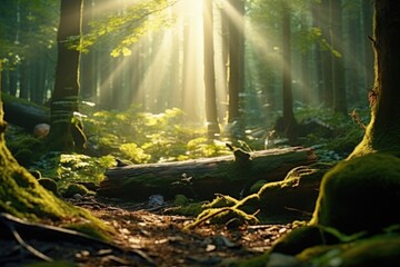 Poster - Sunlight filtering through dense forest, ideal for nature concepts