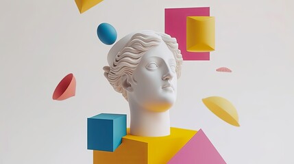 Wall Mural - Contemporary Art. Geometric composition with Greek sculpture and geometric objects. Sculptural female head in antique (Greek, Roman) style. Beauty in stone. Illustration for varied design.