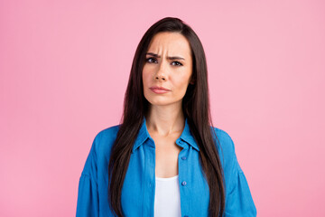 Sticker - Photo of puzzled minded intelligent nice girl with straight hairdo dressed blue shirt look at camera isolated on pink color background