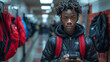 Black teenage boy texting on cell phone in hallway at high school,generative ai