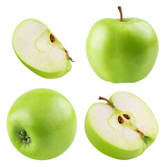 Wall Mural - set of green apples isolated on a transparent background, from different angles.