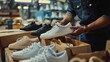 Efficient shoe manufacturing process: workers assembling and packaging new shoes in factory setting