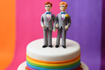 Rainbow wedding cake in LGBT style with figures of two male grooms.