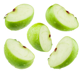 Wall Mural - collection of apple slices in water drops isolated on a transparent background, from different angle