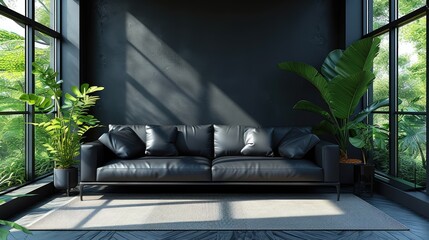 Wall Mural - Modern living room with leather sofa, empty wall.