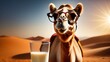 Camel in sunglasses with a glass of milk against the backdrop of the sandy desert