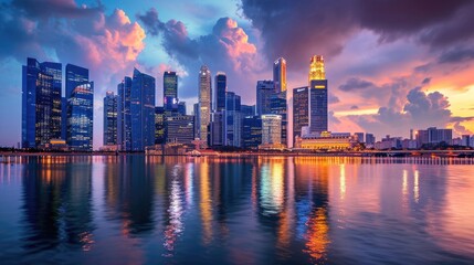 Wall Mural - An evening cityscape with dramatic clouds, illuminated skyscrapers, reflecting lights on water, showcasing urban beauty and architecture. Resplendent.