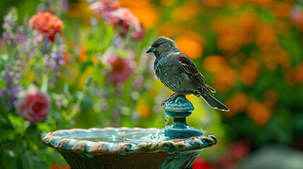 colorful backyard scene: garden bird enjoying birdbath in vibrant natural setting