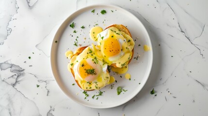 Classic Eggs Benedict on a Round Plate, Poached Eggs Draped in Velvety Hollandaise Sauce, Garnished with Fresh Herbs. Poached Eggs on Toast with Luscious Hollandaise Sauce and a Sprinkle of Greenery.