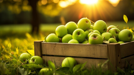 Wall Mural - One crate with gren yellow apples on ground harvesting concept