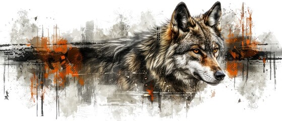 Wall Mural - a painting of a wolf with orange and black paint splatters on it's face and a white background.