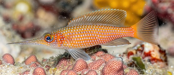 a close up of a fish on a coral with other corals in the background and water in the foreground.