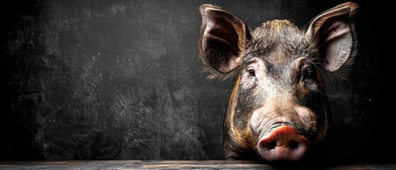 a close up of a pig's face on a black background with a wooden table in front of it.