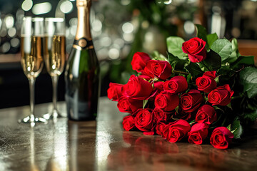 Canvas Print - A bouquet of red roses on a table with a bottle of champagne