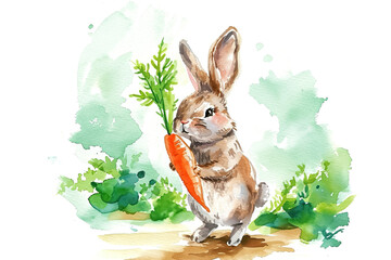 Poster - A watercolor illustration of a bunny holding a carrot, with a beautiful garden in the background