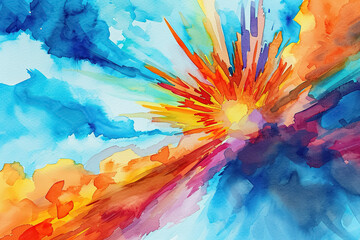 Canvas Print - A watercolor illustration of a colorful burst, with a beautiful blue sky in the background