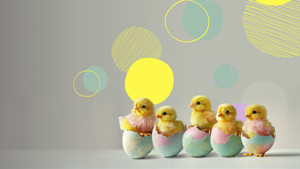 Wall Mural - Easter background with easter chicks in eggshells