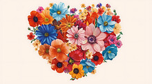 Bouqet Of Different Flowers In A Heart Shape Isolated On The White Background.