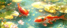 A Painting Of Two Koi Fish Swimming In A Pond Of Water With Lily Pads On The Bottom Of The Pond.