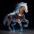 Horse made of glass galloping on black background
