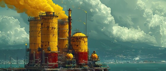 industrial illustration, industrial pipelines, light azure, amber, creations, maroon and yellow 