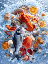 Seafood And Shells On Icy Background - An Assortment Of Seafood And Seashells Artistically Arranged On A Cold, Icy Backdrop With Citrus Accents