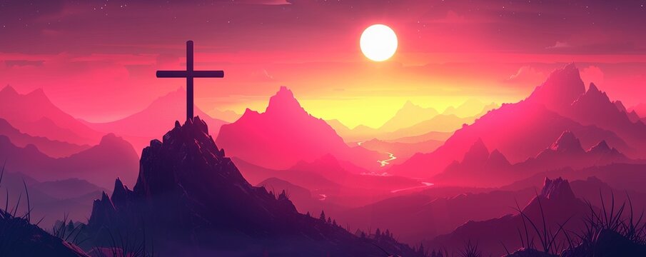 Cross and Crown of thorns on the mountain with sunset. Good friday background banner. Christian concept design. vector art illustration