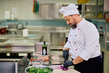 Wall Mural - Professional chef preparing food while working in restaurant.