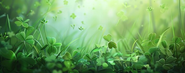 Canvas Print - Green background with three-leaved shamrocks, Lucky Irish Four Leaf Clover in the Field for St. Patricks Day holiday symbol. with three-leaved shamrocks, St. Patrick's day holiday symbol, earth day.