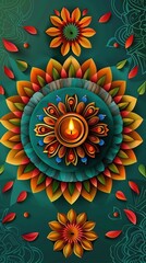 Wall Mural - Happy Diwali. Paper Graphic of Indian Rangoli. Rangoli - A traditional Indian art of decorating the entrance to a house.