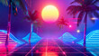 Tropical retro wave illustration with neon lights, sunset, and palm trees. Futuristic background 1980s style