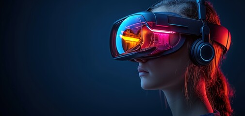 Metaverse technology concept. Excited young woman wearing VR headset with new experience