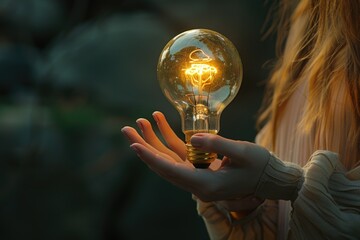 Poster - Person holding a light bulb, suitable for concepts of creativity and innovation