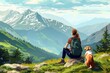 Scenic mountain landscape with a female tourist and her dog enjoying the view Symbolizing adventure and companionship