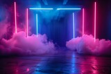 Fototapeta  - Stage set with dramatic neon lights and smoke Providing a perfect backdrop for music videos or theatrical performances.