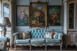 Antique Living Room Interior with Porcelain Decorations, Rose Paintings, and Blue Sofa