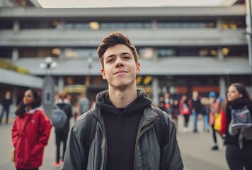 Wall Mural - a healthy young man outside near a building with other students and books