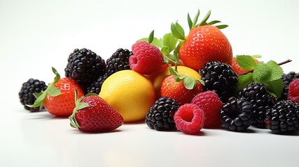 Wall Mural - Fresh pile of fruit on a clean white table, perfect for food and nutrition concepts