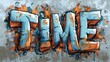 TIME Graffiti Art Explosion, Dynamic graffiti art of the word TIME, splashed in vibrant orange and blue hues against a gritty urban wall