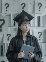 Wall Mural - a young asian graduate girl looking at question marks while holding a hat