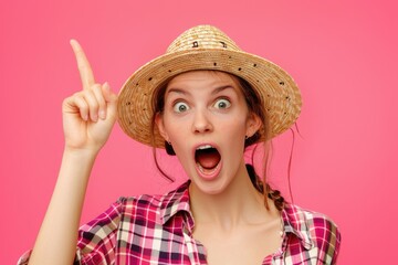 Poster - A woman in a straw hat making a humorous expression. Suitable for social media posts