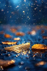 Wall Mural - an window glass with golden leafs and drops of water on it, in the style of dark azure and navy, meticulous detail, intense color saturation
